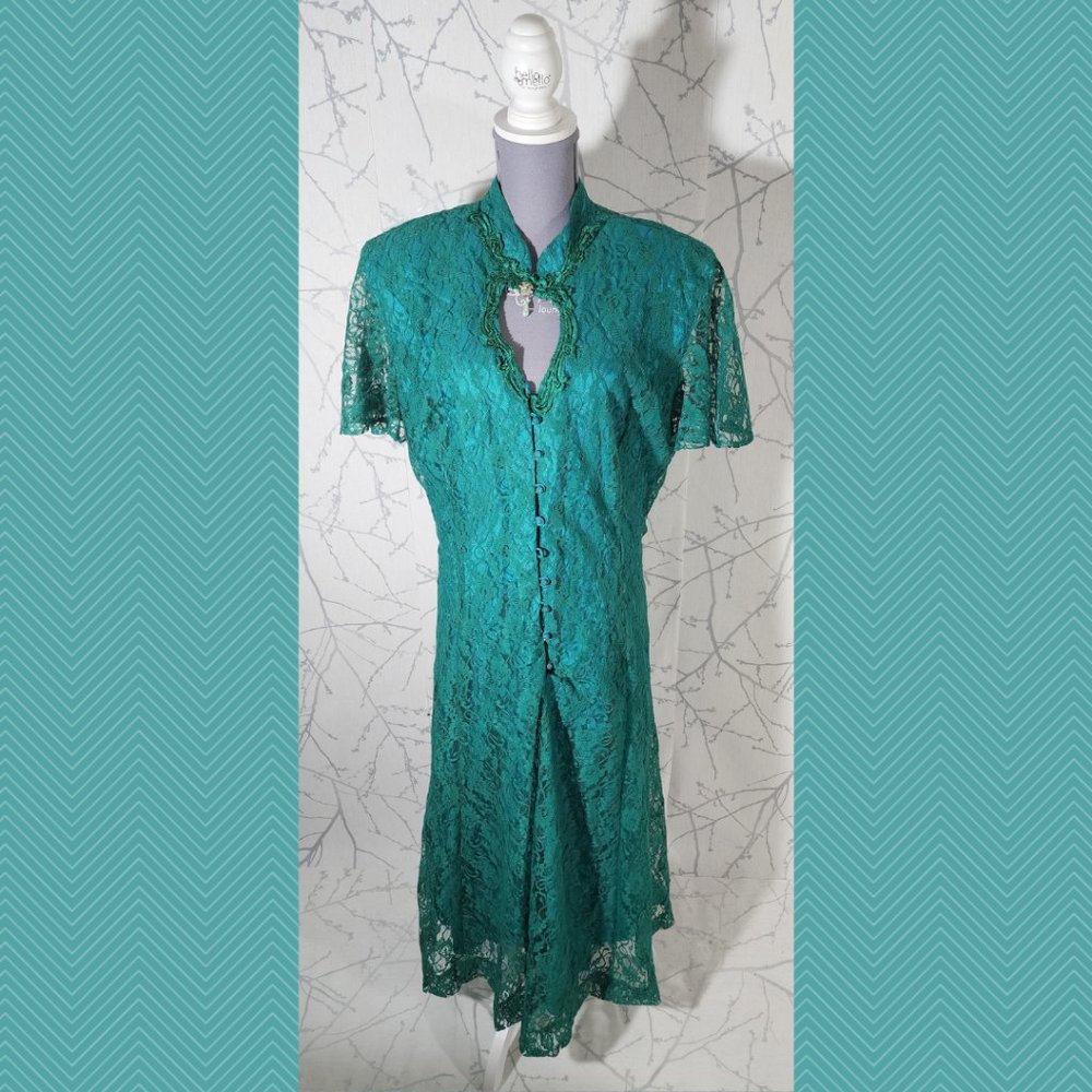 Nu Mode VTG Green Lace Overlay Maxi Dress